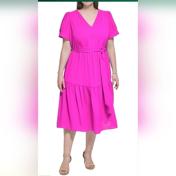 DKNYSmocked Short Sleeve V-Neck Midi Dress 20W - Picture 1 of 12
